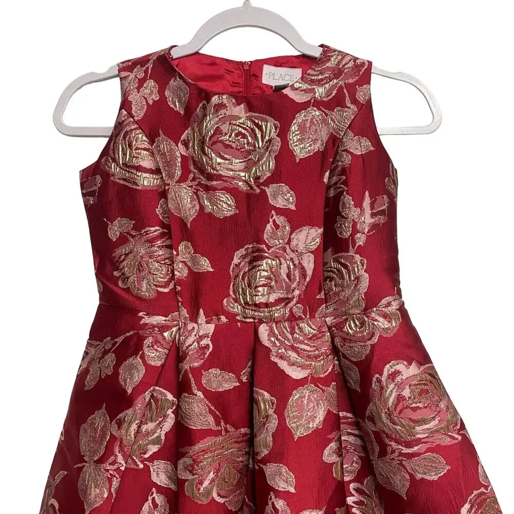 Childrens Place Girls Red Gold Rose Flower Pattern Dress‎ Size 14 Formal